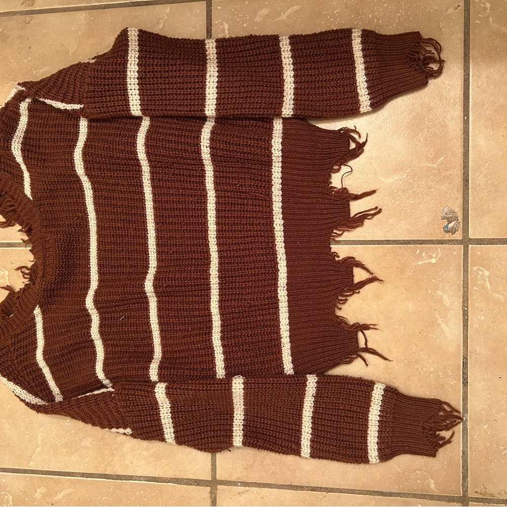 Women’s Fringe Brown and Cream Striped Sweater